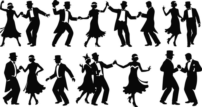 Vintage dancing couples silhouette vector illustration design graphic, 1920s jazz age fashion art concept, black and white decorative creative collection