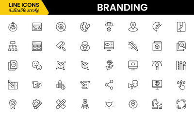 Fototapeta premium Branding icon set. Containing marketing, product, brand value, design, logo, brand development, social media, advertising and loyal customers icons