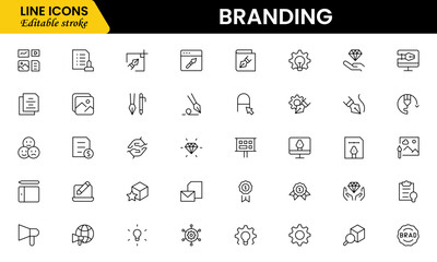 Fototapeta premium Branding icon set. Containing marketing, product, brand value, design, logo, brand development, social media, advertising and loyal customers icons