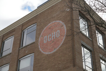 Naklejka premium exterior building wall and weathered sign of HOTEL OCHO, a 3 star accommodations, at 195 Spadina Av, Toronto