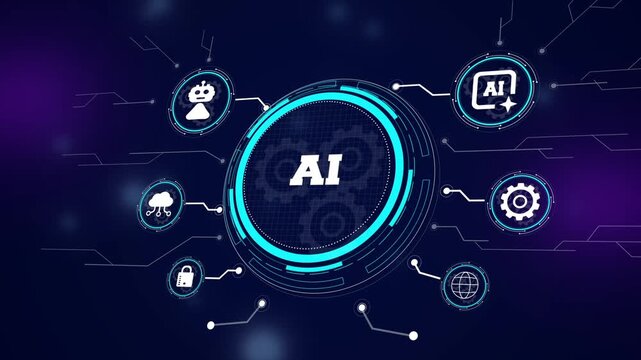 Artificial intelligence technology interface for tech presentations, digital ai robotic brain system for data automation videos, future machine learning and cloud network projects