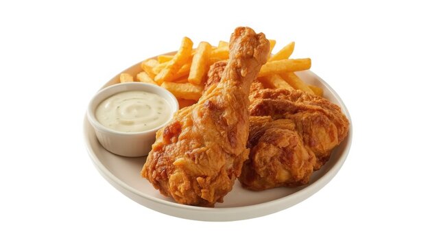 Delicious broast chicken meal with crispy fried chicken golden fries and creamy dip on a white plate served on a clean white background