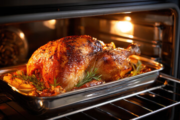 Fototapeta premium Roasted turkey cooking in oven with herbs and spices for festive meal