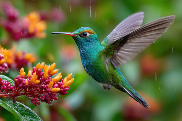 Fototapeta premium Hummingbird in Flight Near Colorful Flowers During Gentle Rain Shower