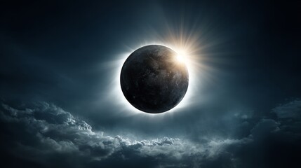 Obraz premium A vivid portrayal of a solar eclipse, with its radiant corona brightening the dim sky, yields a spellbinding celestial scene