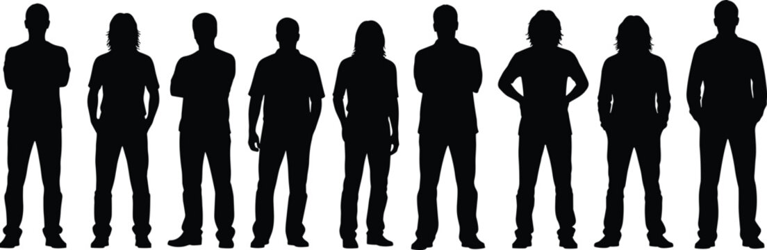 Diverse black silhouette collection of men standing in casual attire featuring various poses including arms crossed and hands in pockets.