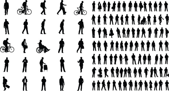 Large collection of diverse people silhouettes walking standing cycling and in wheelchairs isolated black icons for urban lifestyle scene design.
