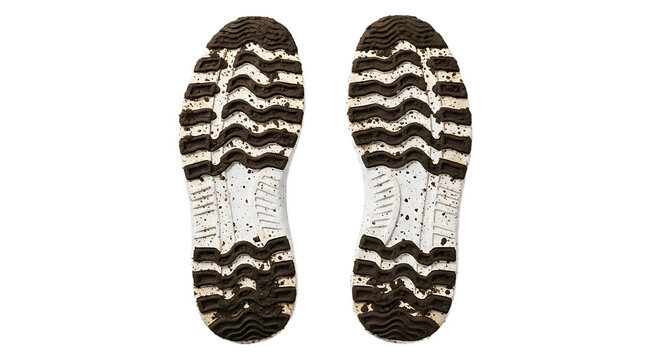 Bottom view of two rugged shoe soles, heavily caked with dried mud and dirt. Isolated on white, their textured tread suggests a recent outdoor hike or challenging walk