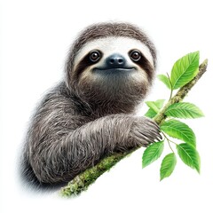 Fototapeta premium Adorable Three Toed Sloth on Branch with Green Leaves