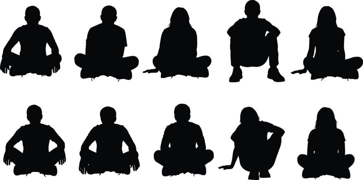 Large set of children and people sitting on floor silhouettes in various poses isolated on white background for vector design.