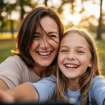 Mother and daughter smiling joyfully, taking a selfie outdoors at sunset