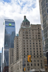 Naklejka premium TD Terrace corporate office tower with skyline logo and historic Fairmont Royal York hotel, looking west on Front St W and Bay St, Toronto