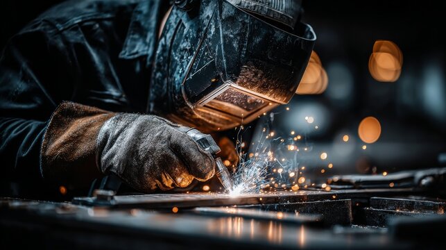 The skilled welder, diligently working on a metal surface, sends sparks aloft, demonstrating dedication and craftsmanship in the industrial context