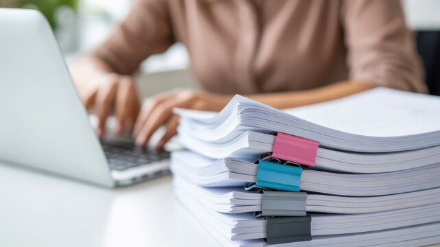 Business woman working on laptop computer with stack of paper document for searching and checking document on folder paper at busy work on desk office, close up