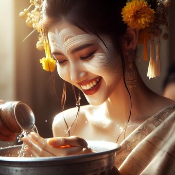 Close-up of a smiling Burmese girl with traditional Thanaka patterns on face being splashed with water, Thingyan Festival celebration, authentic Myanmar culture