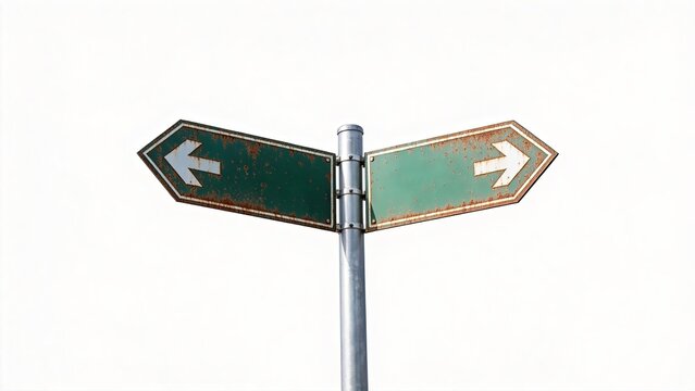 Rusty double arrow signpost isolated on white symbolizing choice decision making direction and diverging paths for business or life concepts,design,concept,creative,graphic