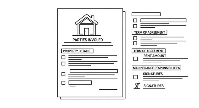 Black and white image of a contract document with checkboxes and a house icon.