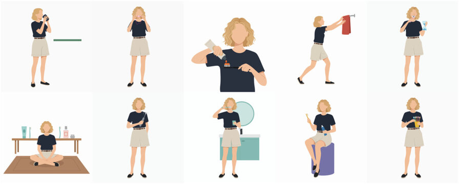 Flat Illustration Set of Blonde Woman Doing Daily Routine Activity
