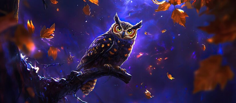 Mystical owl perched on branch amidst falling autumn leaves in vibrant, dark fantasy setting