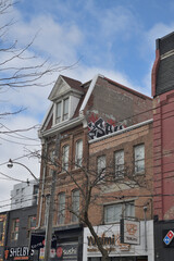 Naklejka premium historic building facade and commercial signs for Yukimi Donburi (412 Queen W), To-Ne Sushi (414 Queen W), and Shelby's Legendary Shawarma (416 Queen W), Toronto