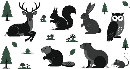 Fototapeta premium Forest animals silhouettes vector illustration set with deer, squirrel, rabbit, owl and beaver, woodland wildlife collection in flat minimal style design