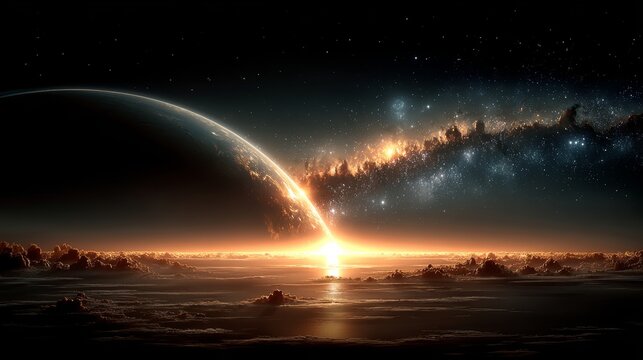Awe‑inspiring cosmic vista presenting a radiant sunrise over a distant planet, dotted with stars and deep‑space tones