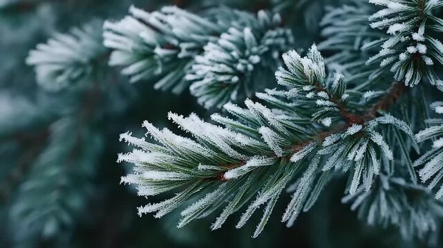 Close up of a pine tree branch covered in frost during winter.