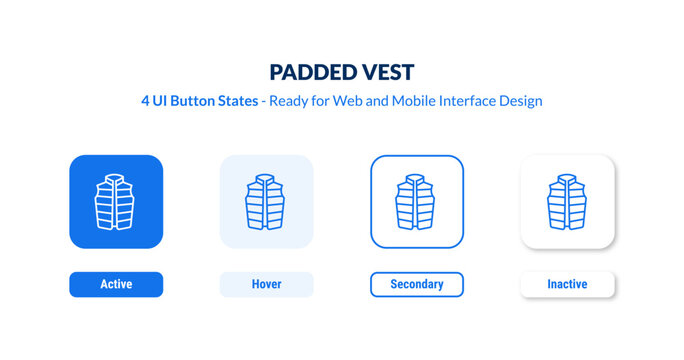 padded vest UI button states set. Outline icon kit from clothes collection. Thin linear padded vest, game, balls editable vector. Line vector padded vest sign for web and mobile interface