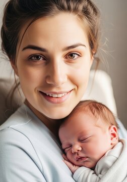 Mother holding sleeping newborn baby close to her chest with a gentle smile