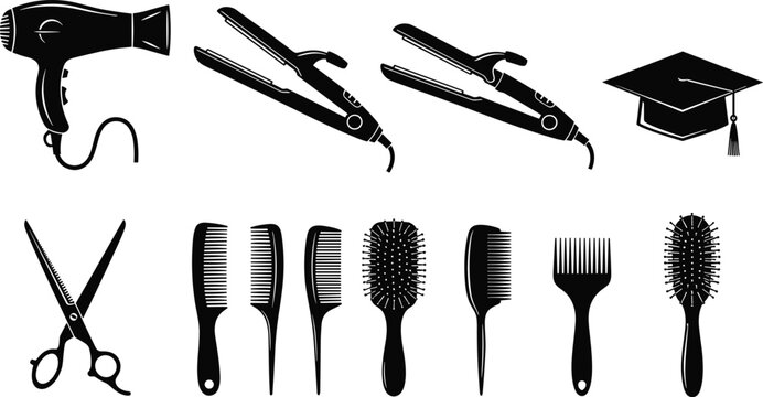 Hair salon tools icon set hairdryer scissors comb brush straightener barber equipment stylist collection isolated vector illustration