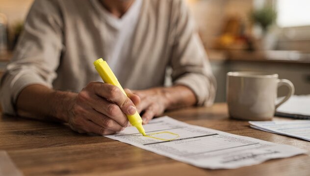 Medium shot of a person highlighting key expenses on a printed credit card statement at a cozy kitchen table with blurred household items in the background.