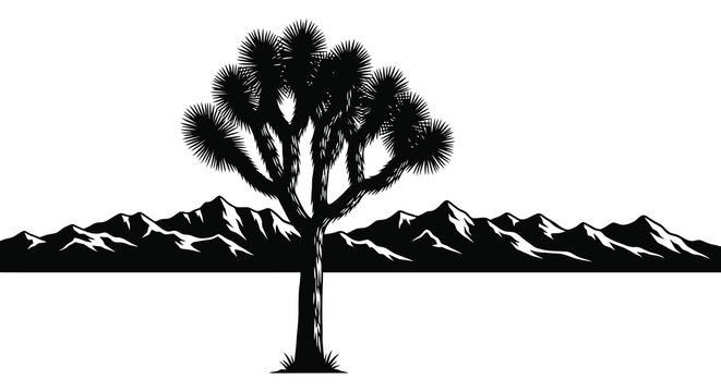 A striking black and white illustration depicts a lone yucca tree against a mountainous backdrop a bold silhouette high quality professional