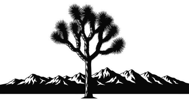 A striking black and white illustration depicts a yucca tree and mountain range rendered as a silhouette high quality professional detailed