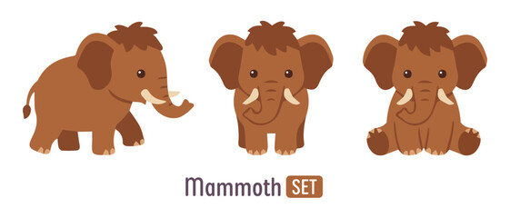 Fototapeta premium Cute mammoth character set, prehistoric animal in different poses. Funny baby woolly mammoth with tusks, ice age creature, friendly cartoon design. Vector flat illustration