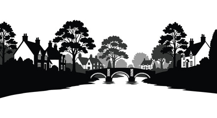 A picturesque village scene with quaint houses a stone bridge and lush trees rendered as a striking silhouette high quality professional © Creativekhairul02