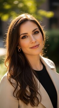 Woman with long brown wavy hair wearing a black and beige jacket