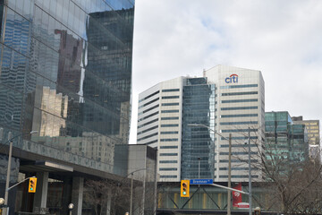 Naklejka premium looking north on York St (south of Bremner Blvd) to Citigroup Place and other buildings, Toronto