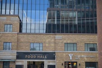 Naklejka premium exterior building and sign of Waterworks Food Hall including The McDonald Family YMCA, 501 Richmond St W, Toronto
