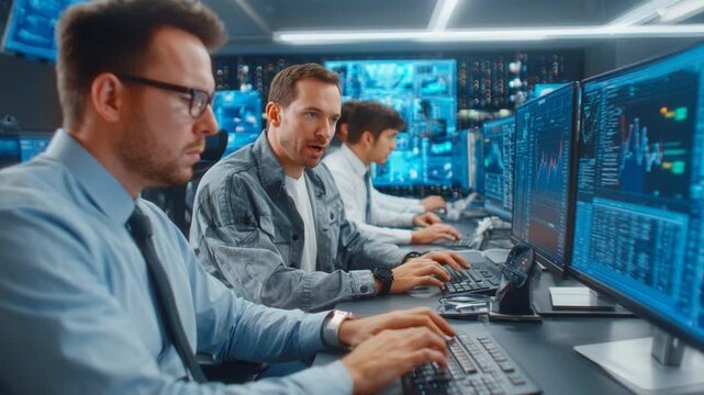 Busy cybersecurity team monitoring network threat alert modern control room, focused office analyst tracking data breach risk multiple computer screen, cyber security network monitoring data analysis