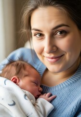 Mother holding a sleeping newborn baby wrapped in a blanket