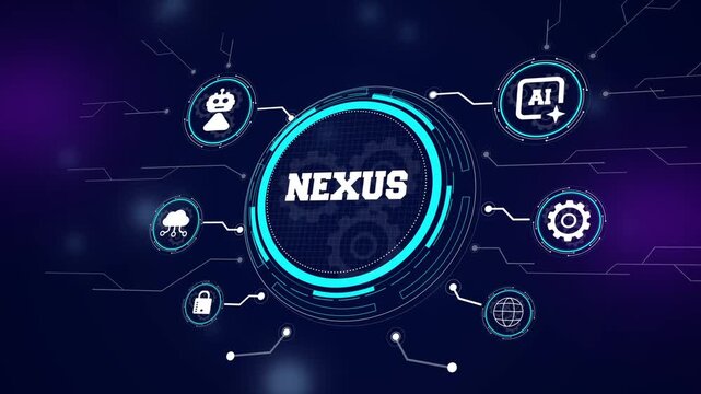 Modern nexus infrastructure visualization featuring a digital hud interface, highlighting decentralized cloud computing and smart information flow for business videos