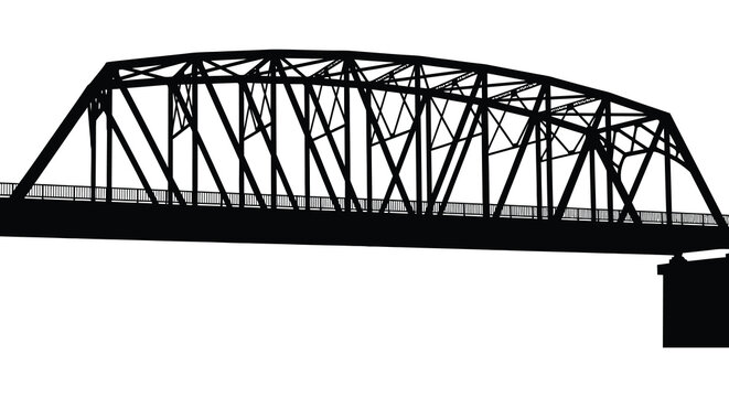 A stark black silhouette of a metal truss bridge against a bright white background showcasing architectural detail silhouette high quality professional