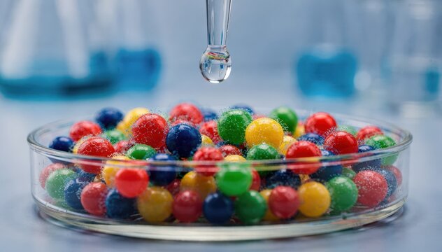 Medium shot of vibrant colored latex beads being coated with antibodies highlighting the visual contrast and preparation steps for enhanced agglutination assay accuracy.