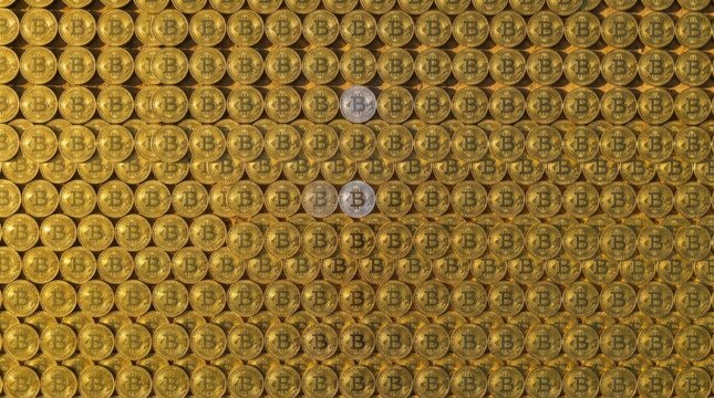 Overhead view of many golden cryptocurrency Bitcoin coins featuring three distinct silver bitcoins arranged in rows