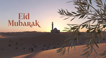 Obraz premium Scenic Desert Sand Dunes with Mosque and Olive Tree Branch at Sunrise for Eid Mubarak