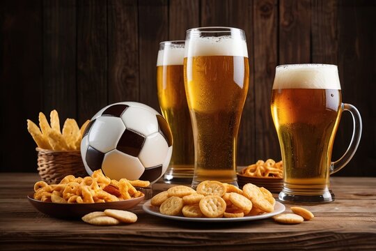 Two glasses of beer and snacks with soccer 