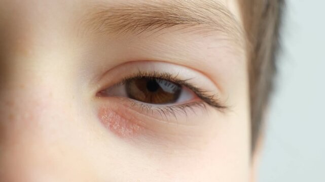 Red dry scaly patch of dermatitis under childs eye.