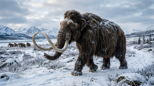 Prehistoric Woolly Mammoth Mammuthus primigenius in a frozen Pleistocene landscape