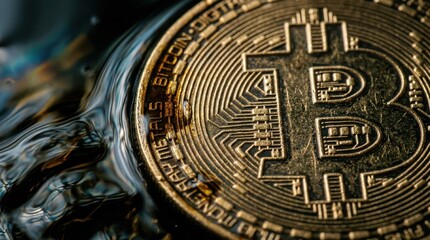 Fototapeta premium Close up of a golden digital cryptocurrency coin partially submerged in rippling water with dark reflections