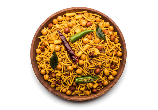 Traditional Indian snack nimko namkeen or farsan in a wooden bowl. Spicy chanachur mixture with fried lentils, peanuts, sev, curry leaves, green chilies. Salty tea time snack, khatta meetha mixture